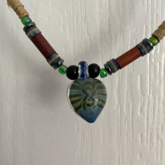 16" Handmade Beaded Necklace with Glass Pendant - Picture 4 of 5